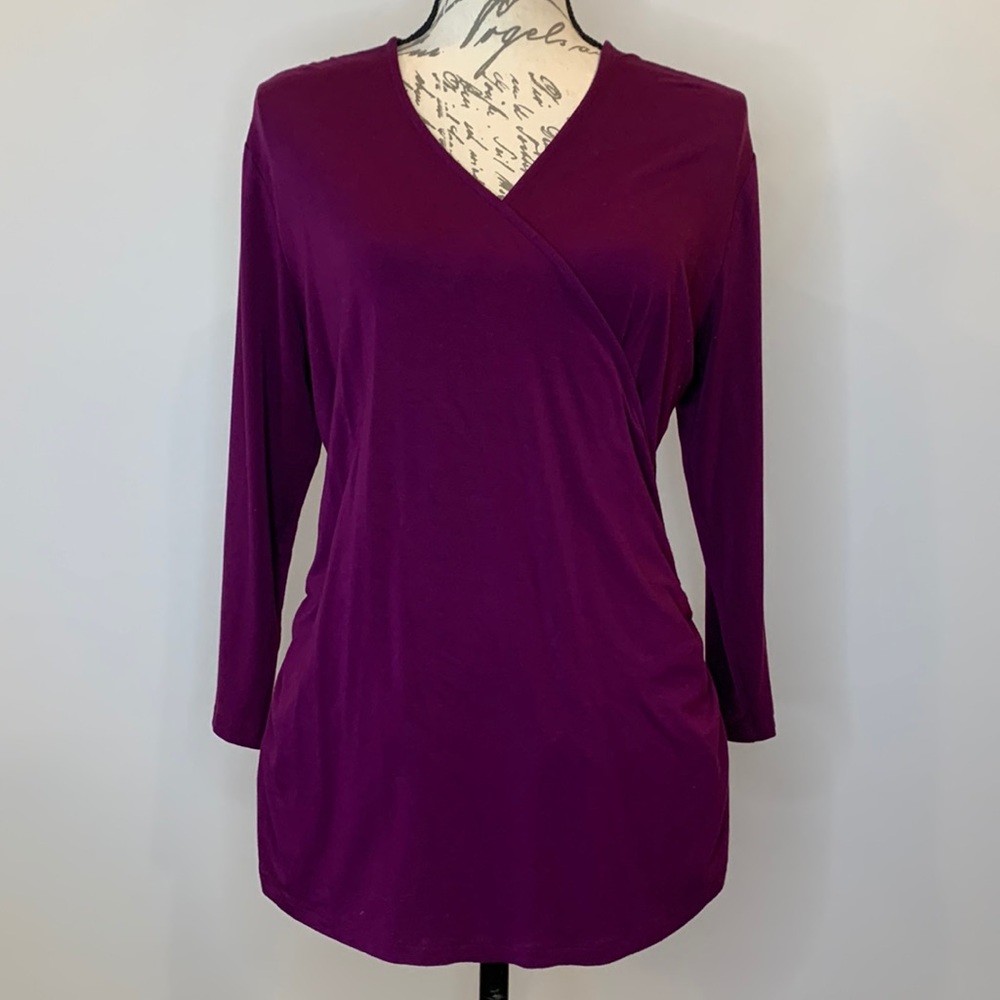 Boden faux wrap ruched stretch jersey knit top three quarter sleeves 14